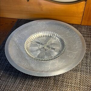 VTG Wilson Specialties Metal Lazy Susan Pedestal Platter w Glass Divided Dish